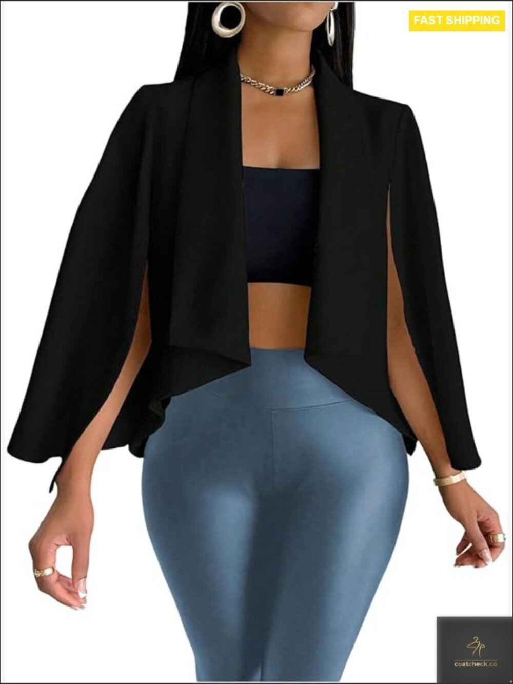 Cape Long Sleeve Cropped Blazer Jacket Open Front Elegant Trendy Cardigan Coat